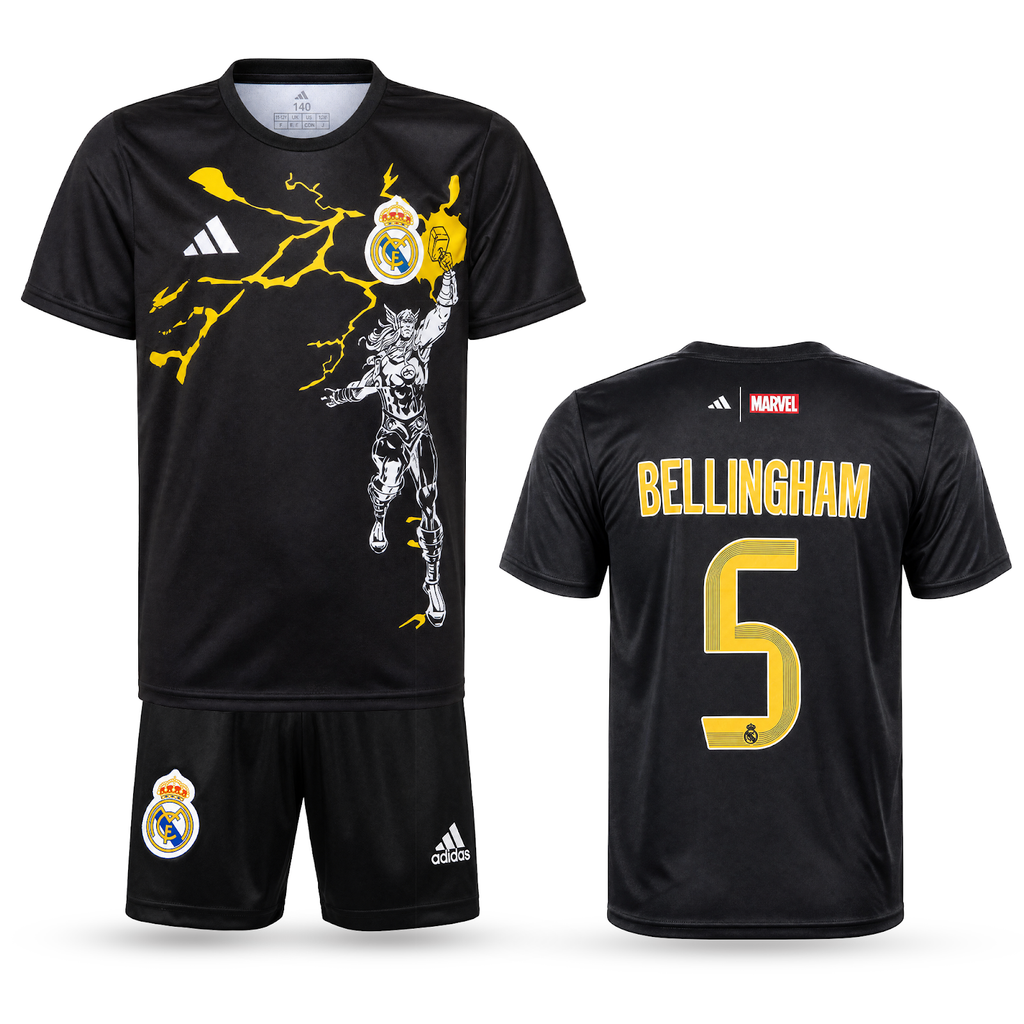 Real Madrid Copii Thor Edition Echipament De Fotbal, Bellingham. Thor Edition Negru