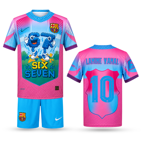 Barcelona Echipament De Fotbal Pentru Copii, Yamal. Six Seven Edition, Albastru Deschis-Roz