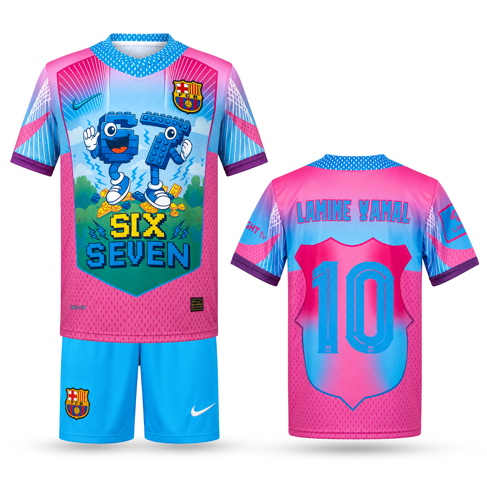 Barcelona Echipament De Fotbal Pentru Copii, Yamal. Six Seven Edition, Albastru Deschis-Roz