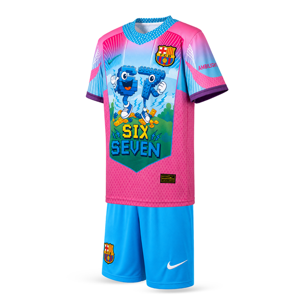 Barcelona Echipament De Fotbal Pentru Copii, Yamal. Six Seven Edition, Albastru Deschis-Roz